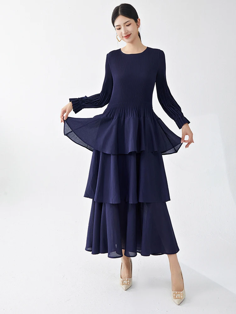 LANMREM Fashion Pleated Cake Dress Women's O-neck Long Sleeves Elastic Stretch Solid Color Dresses 2025 Spring New 2Z2393 - Image 4
