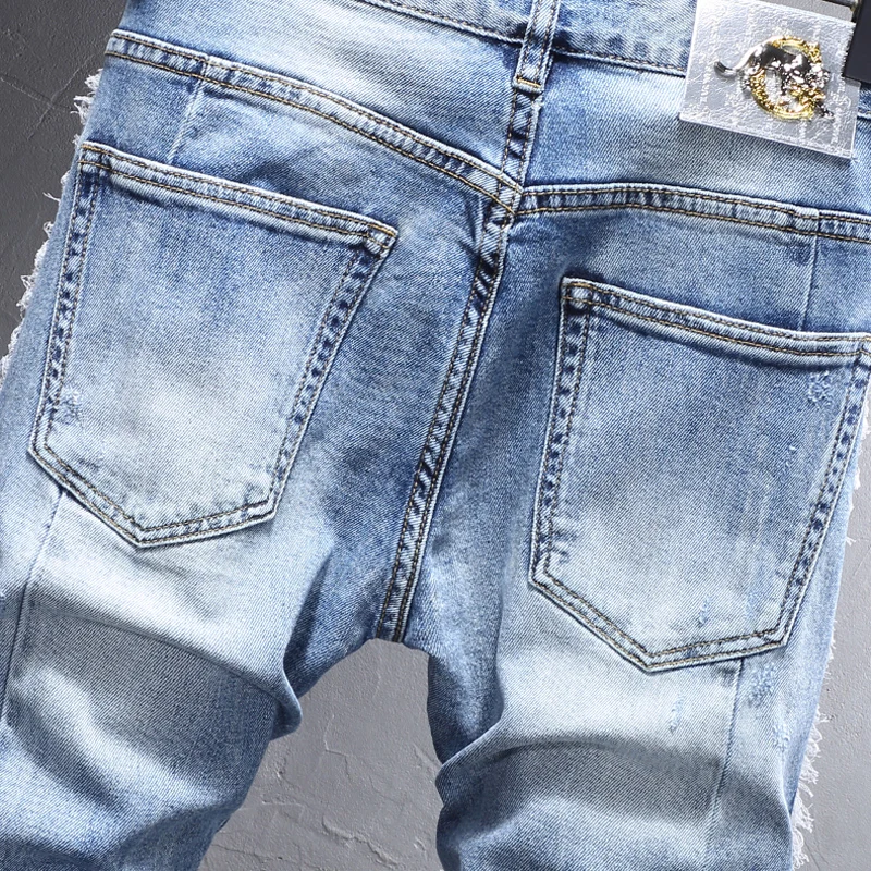 Street Fashion Men Jeans Retro Light Blue Elastic Stretch Skinny Ripped Jeans Men Spliced Designer Hip Hop Denim Pants Hombre