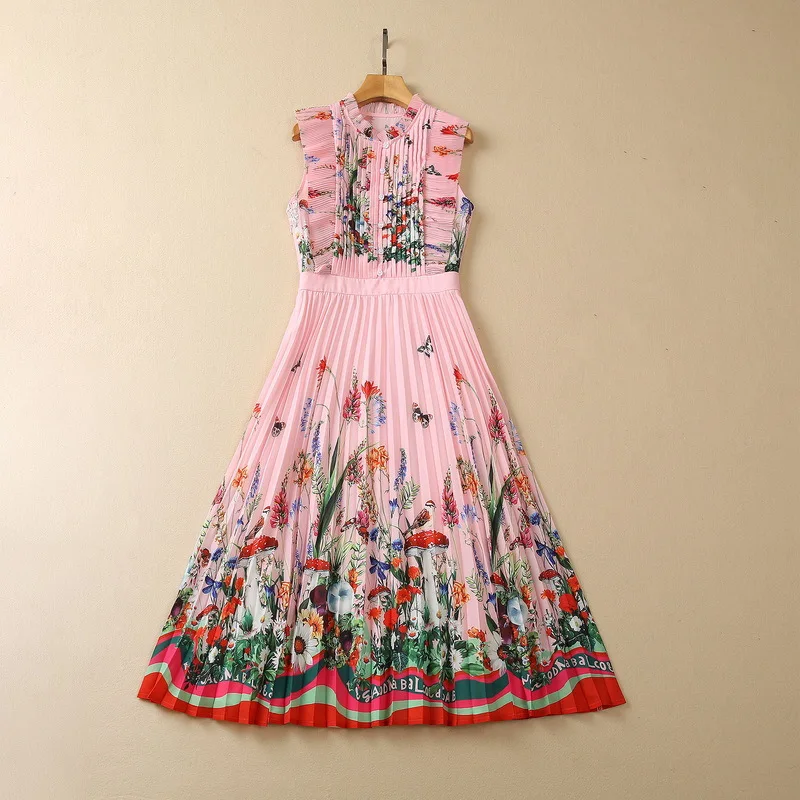 

Женская одежда в европейском и американском стиле, Новинка лета 2023, модное плиссированное платье без рукавов с воротником-стойкой и цветочным принтом, XXL