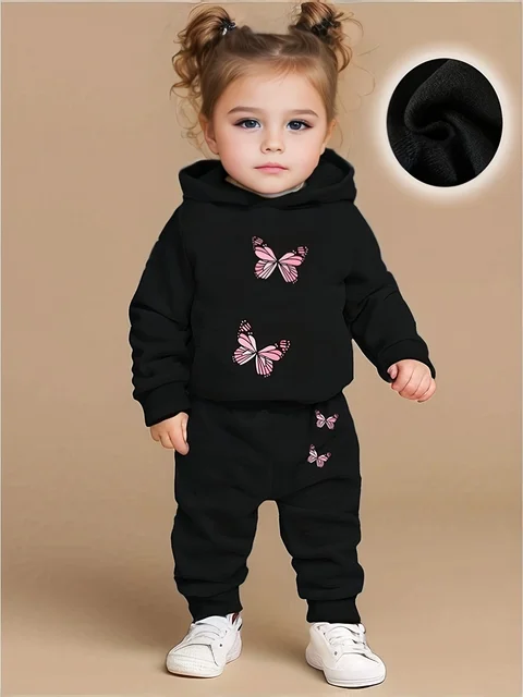 Bebé niña moda mariposa patrón sudadera con capucha + pantalones deportivos conjunto de dos piezas regalo de primavera y otoño
