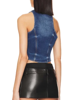 Women Fashion Denim Tank Tops Solid Color V-Neck Button-Down Sleeveless Vests Summer Asymmetrical Hem Streetwear 2