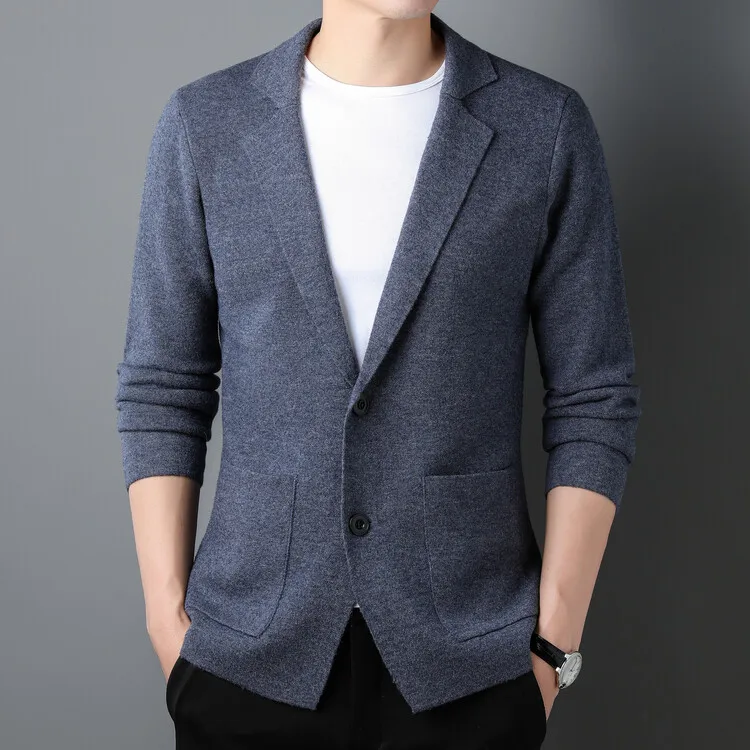 Men 100% Super Fine Merino Wool Blazer Coat 2024 Spring Autumn Knitted Pure Wool Man Single Breasted Cardigan 4