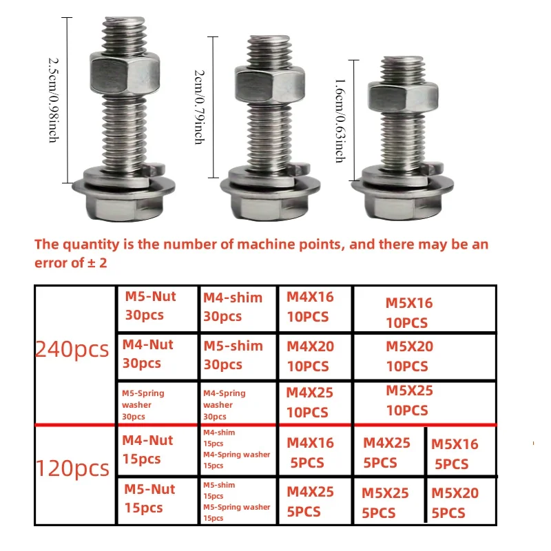 Stainless Steel Hexagon Bolt and Nut Set 120/240-Piece M4/M5 Size