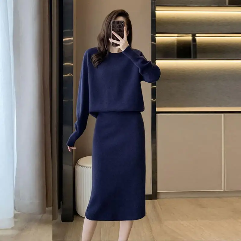 2023 Spring Autumn New Long Sleeve Round Neck Knitted Sweater Women's High Waist Slim Fit Split Half Dress Two Piece Set
