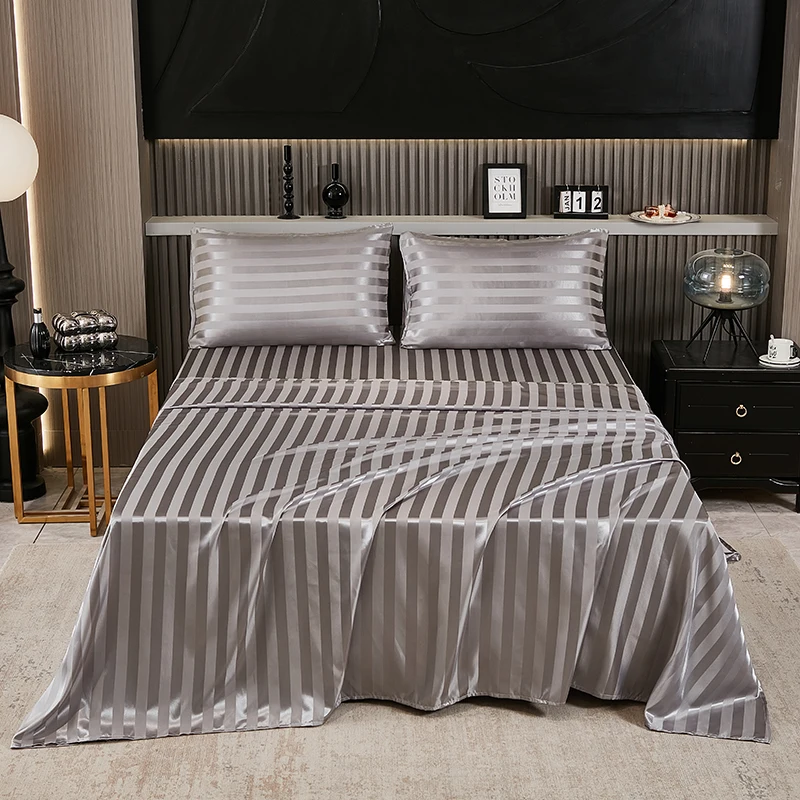 מיטת סאטן לבן סט גיליון מפוספס משי יוקרתי עם 2 ציפית ציפית עם 2 ציפית קמט ללא כתמים עבור מבוגרים