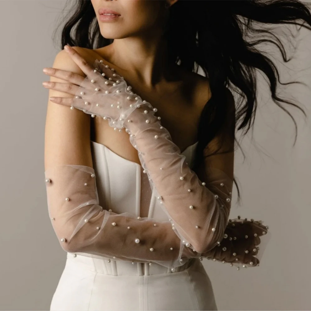 Wedding Dress Gloves Wedding Sleeve Accessories 1 Pair Bridal Fingerless Pearl Gloves Wedding Sleeves Removable Shrugs for Women Summer Elegant Bolero Shoulder Cape VPM10