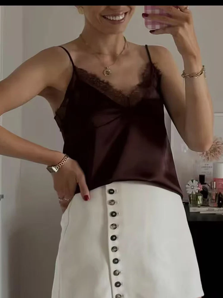  Fashion Women's Lace Patchwork Sling Tops Sleeveless V Neck Backless Solid Color Strap Top 2026 Lady Party Club Tops New