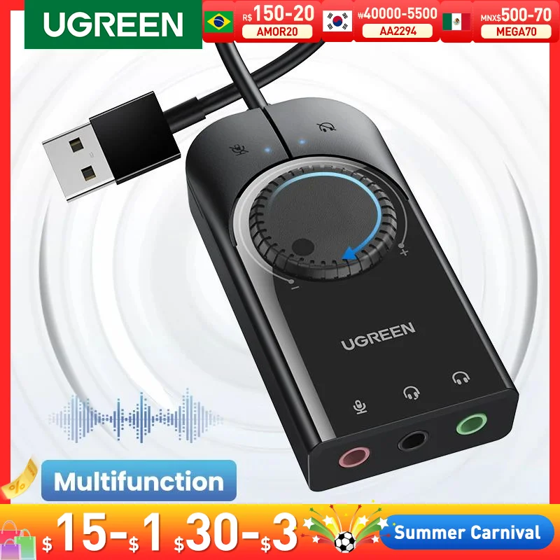 Ugreen-usb Audio Interface Placa de Som Adaptador de Áudio 35 mm Microfone Headconjunto pc Laptop Ps4