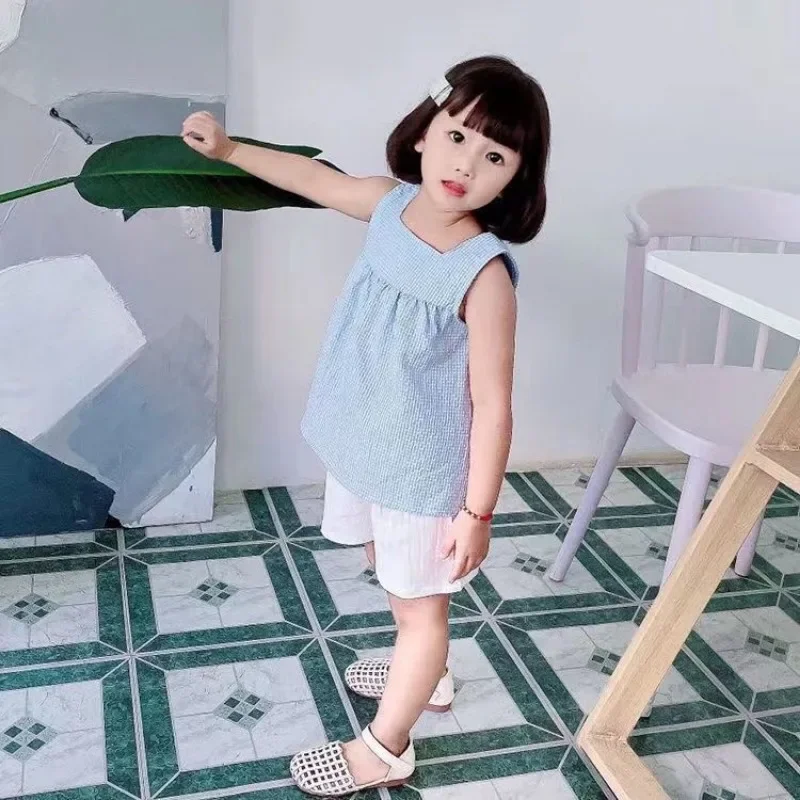 Girls Summer Outfit Set - Checked Straps  White Shorts
