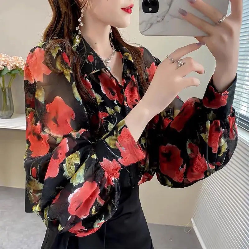 Spring and Summer New Women's Polo Collar Chiffon Shirt Fashion Commute Loose Flowy Ruched Lantern Sleeve Button Cardigan Tops