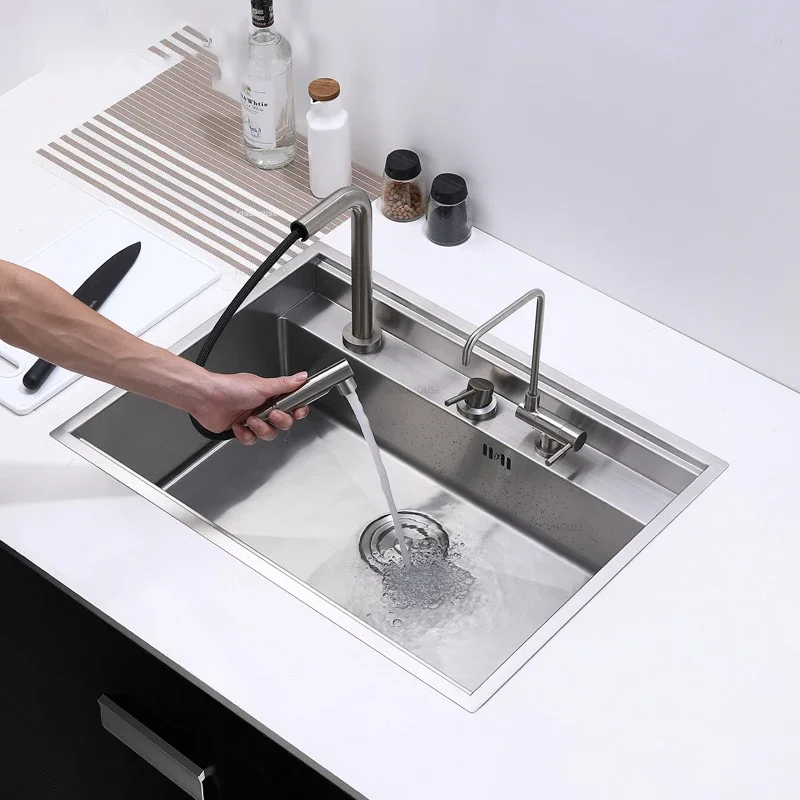 Hidden Stainless Steel Kitchen Sinks Modern Kitchen Accessories with Cover Kitchen Sink Dish Drainer Light Luxury Single Tank L 2