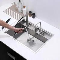 Hidden Stainless Steel Kitchen Sinks Modern Kitchen Accessories with Cover Kitchen Sink Dish Drainer Light Luxury Single Tank L 2