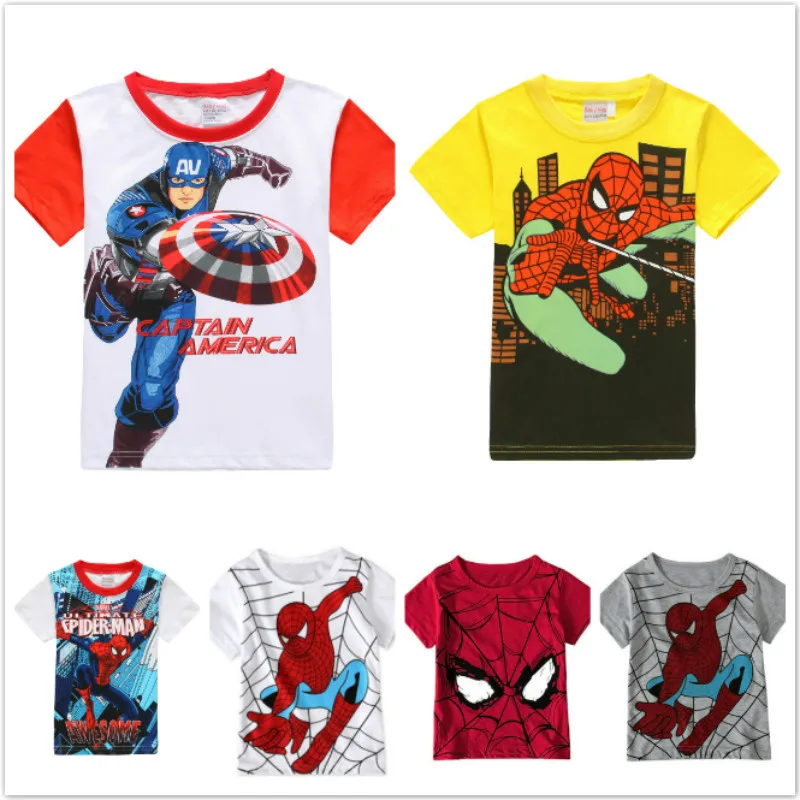 

New Children Short Sleeve T Shirts Girl Popular Hero Cartoon Spiderman Captain America Print Kids Baby Boy Top Summer Cotton Tee