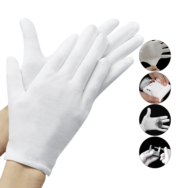 

12Pairs Unisex Men Women Full Finger Etiquette White Cotton Gloves Waiter/driver/jewelry/workers Mittens Sweat Absorption Gloves