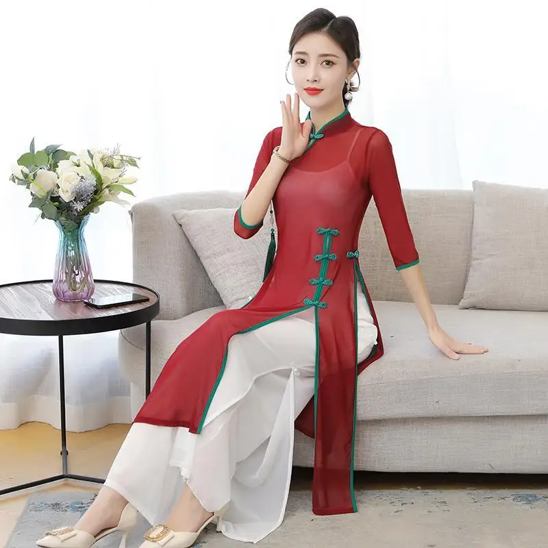 

2024 Chinese qipao vietnam aodai women traditional dress pants set chiffon robe and pants suit female oriental dress set a76