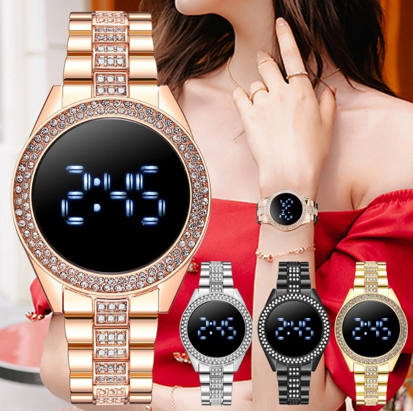 Elegant Fashion Woman Led Touch Watch Personality Set With Diamond Alloy Belt Leisure Trend Ladies Quartz Watch Stock Sale