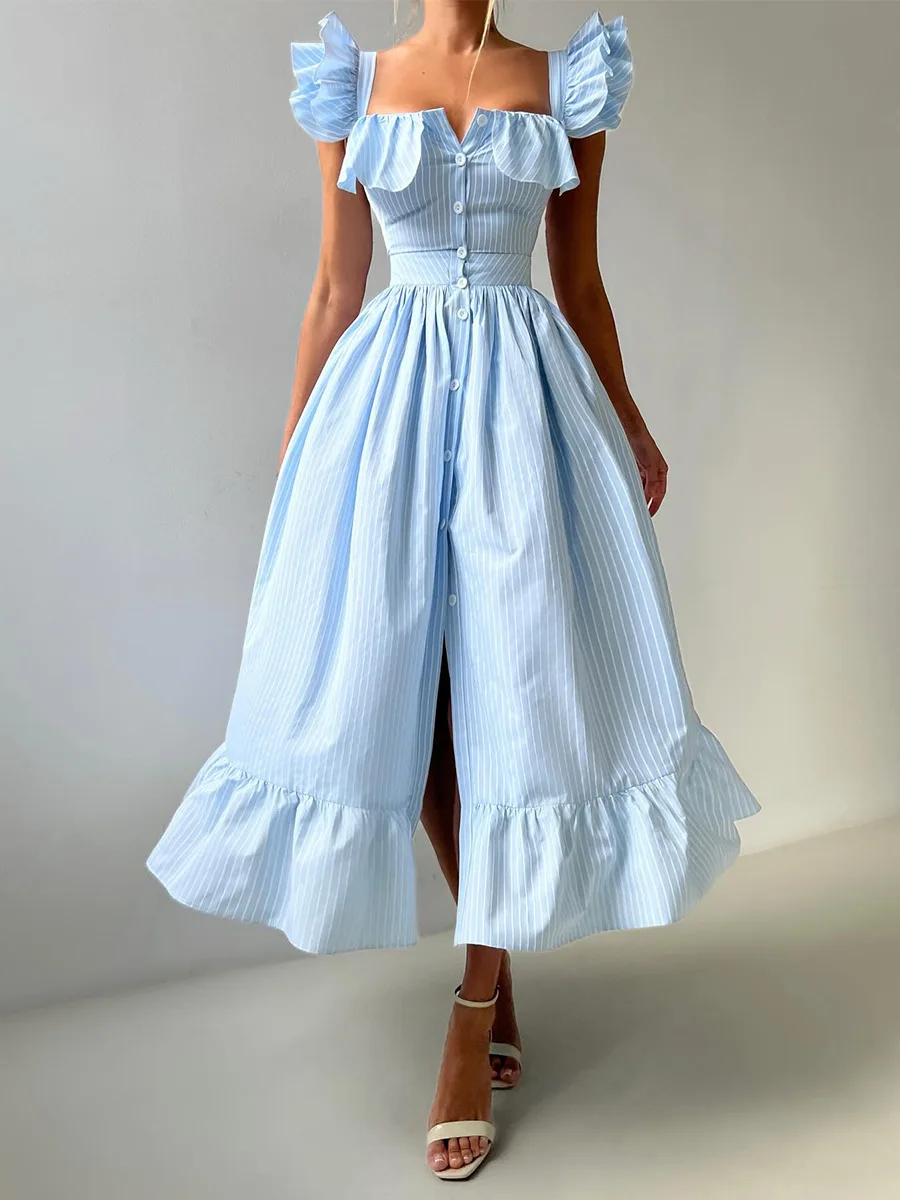 Bornladies Women's 2025 Summer New Striped Dress Button Front Slim Fitted Waist Midi Dress Flutter Sleeves Side Slit
