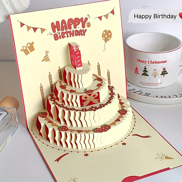 3D Happy Birthday Card Christmas Gift Card Birthday Cake Pop-Up Greeting with Envelope Christmas Invitation Cards 2