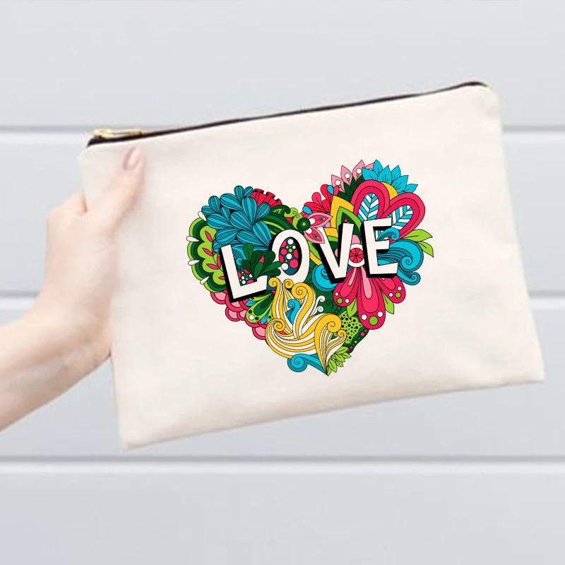 

Travel Cosmetic Case Toiletry Organizer Gift for Friend Mom Love Print Women Makeup Bag Fashion Canvas Female Wash Storage Pouch