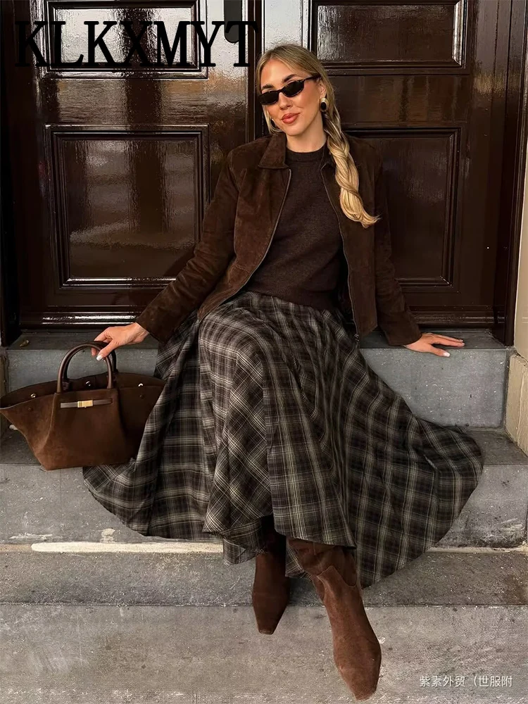 Chic Elegant Long Skirts For Women Fashion Check Pleated Midi Skirt High Street Casual Women's Skirt Temperament New Skirts