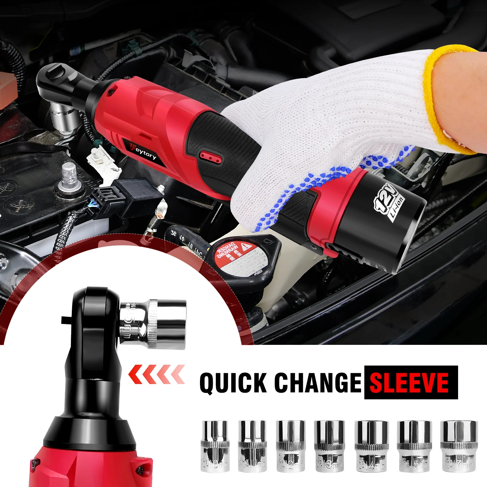 DayPlus 200NM 3/8" Cordless Electric Ratchet Wrench,90° Angle Wrench 12V Power Ratchet Tool with 2 Batteries & Charger+7 Sockets 3