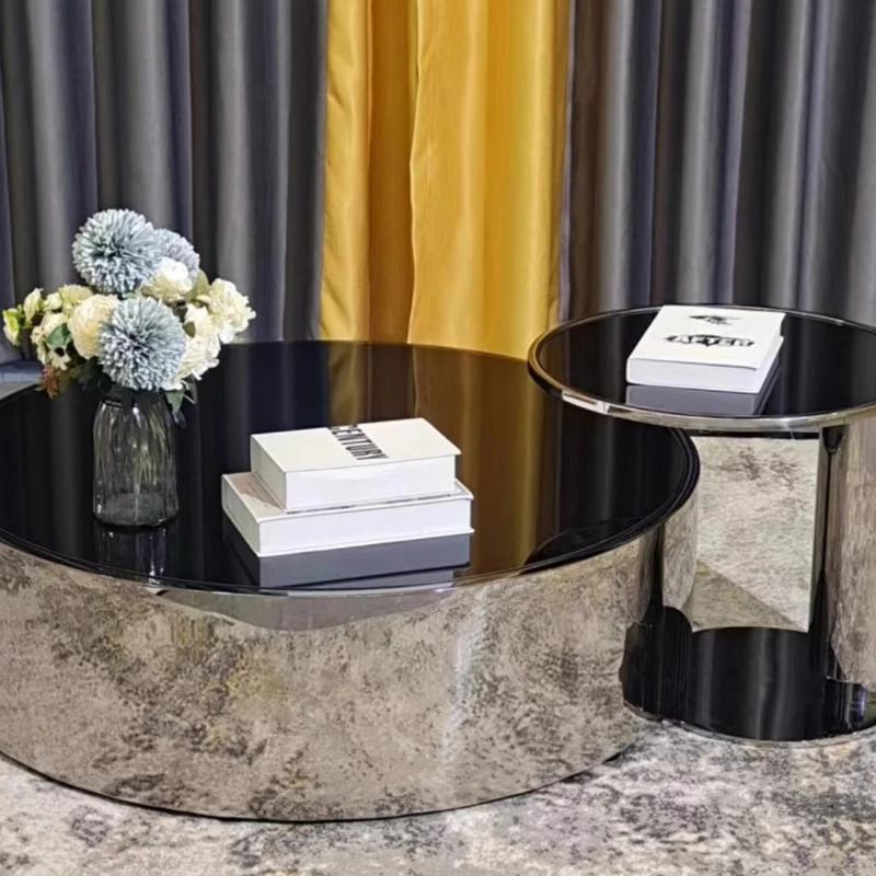 

Simplicity Tempered Glass round Coffee Table Italian Small Apartment Design Stainless Steel Mirror round Combination Nordic