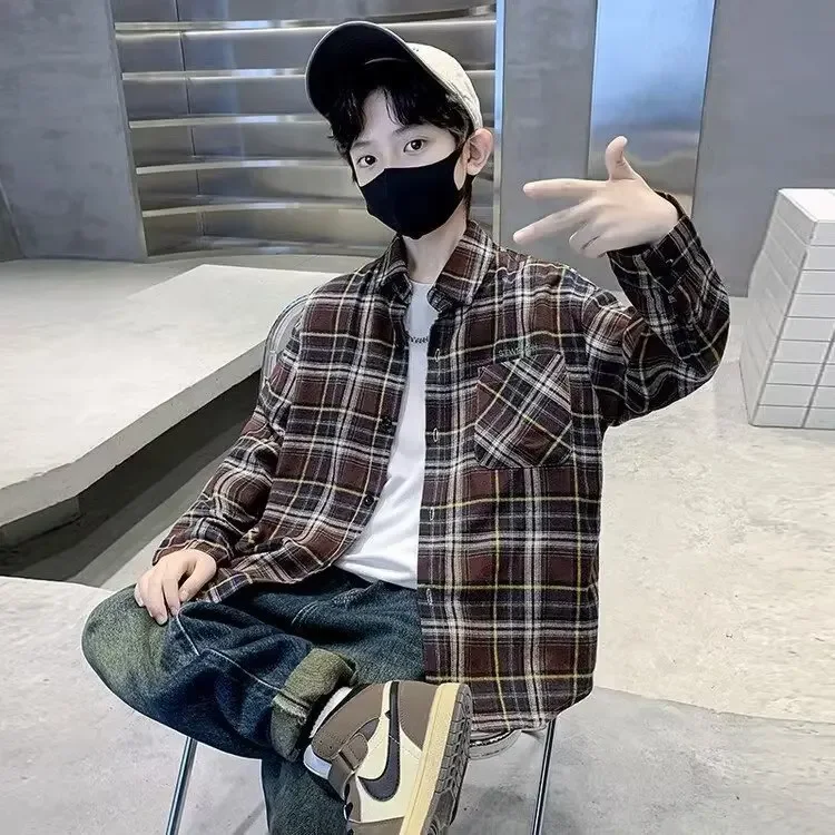 남아 가을 컬렉션 긴 소매 격자 무늬 셔츠 재킷, 용수철 여름 패션, 얇은 버전, 중간 대형 아동용 블라우스, 2024 신상