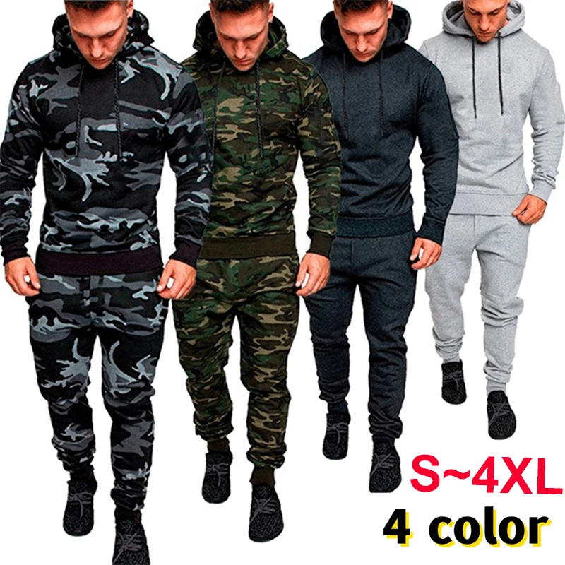 Autumn men's fitness sportswear sports suit camouflage pocket less hoodie+pants sportswear outdoor running hooded jogging set