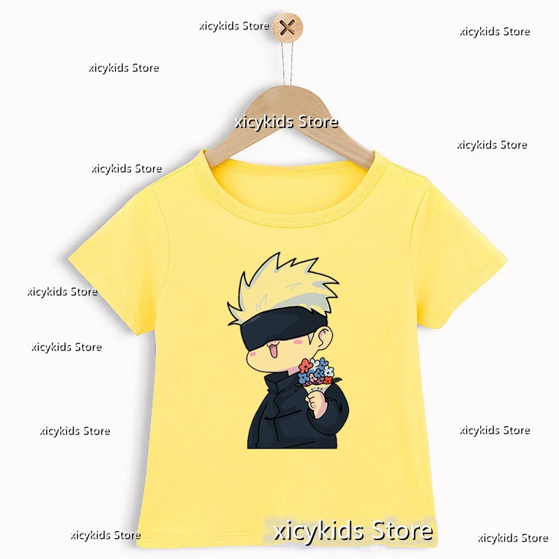 

Jujutsu Kaisen Gojou Satoru Chibi With Flowers Print Tshirt For Boys Japanese Anime Kawaii Kids Clothes Harajuku Shirt