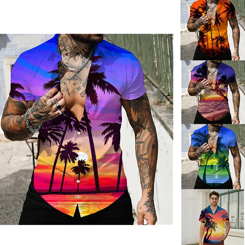 

Men's Hawaiian Shirt Tops Short Sleeve Shirt Beach Holiday Clothing Coconut Tree Sunset Fashion Harajuku Summer Shirt Clothes