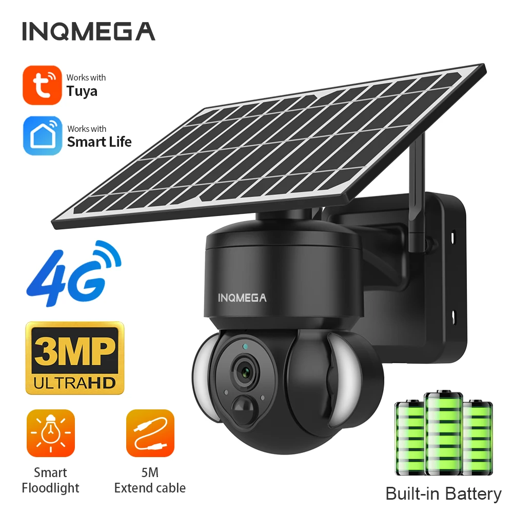 

INQMEGA 3MP 4G SIM TUYA Solar Powered Camera Smart Cloud Solar Battery Security Support Alexa Google PIR Human Detection Cameras