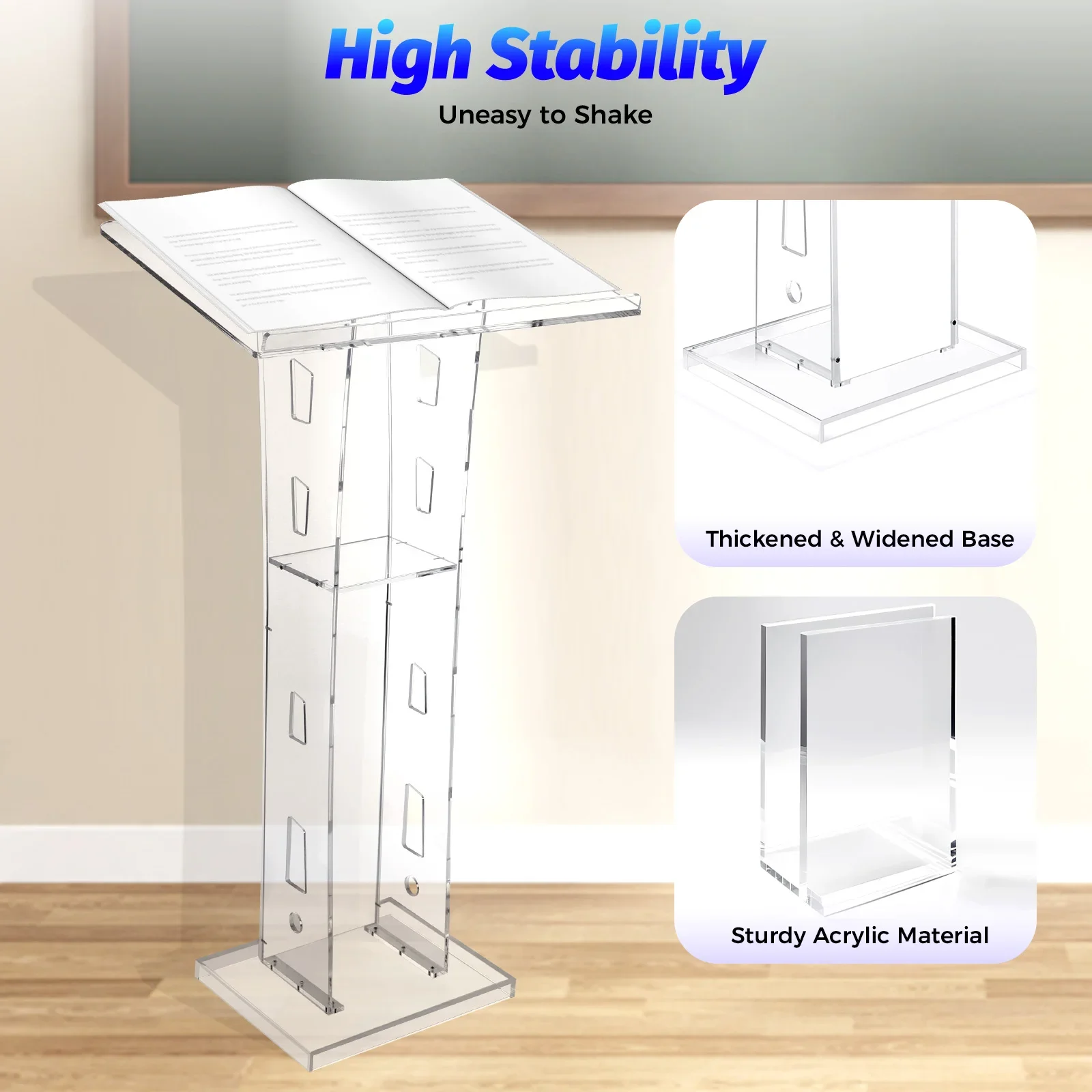 Transparent Acrylic Podium, Durable, Anti-Shatter, Rounded Corners, Sloped Top, Storage Board, Easy Assembly, Eco-Friendly 2