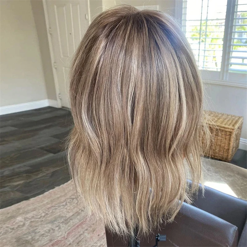 Blonde Bob Wig Dirty Ashy Highlights High Heat Fibre Synthetic Lace Front Wigs Dark Roots Short WAvy Cosplay Wig for Women synthetic human hair wig