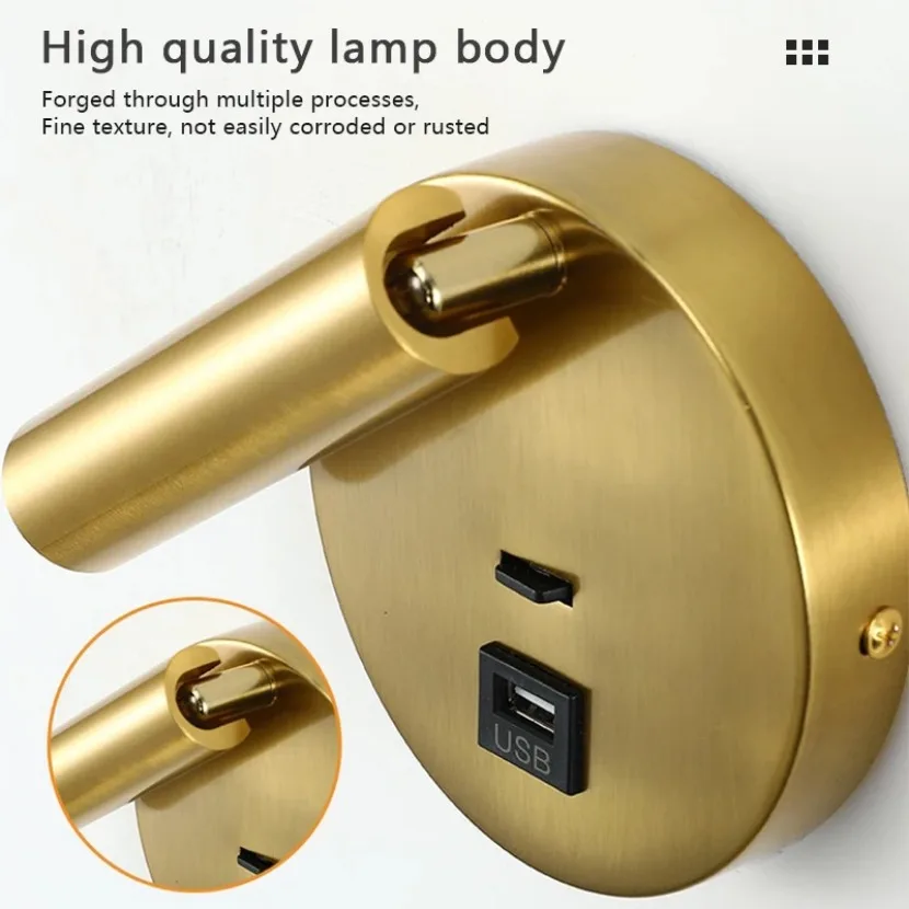 Modern LED Wall Lamp Folding 350 Degree Rotating Wall Lamp with USB Charging Interface Hotel Bedroom Bedside Study Reading Light