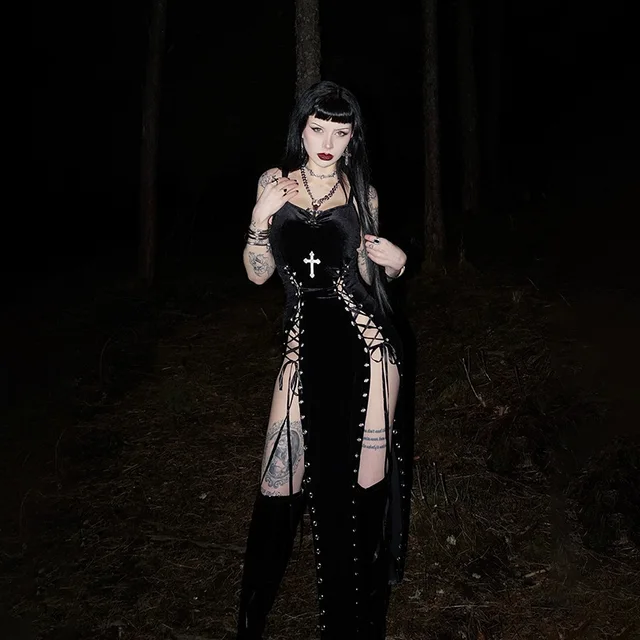 Punk Grunge High Split Hem Straps Dess 90s Streetwear Gown Women Sexy Corn Bandage Velvet Dresses Mall Gothic Clothing