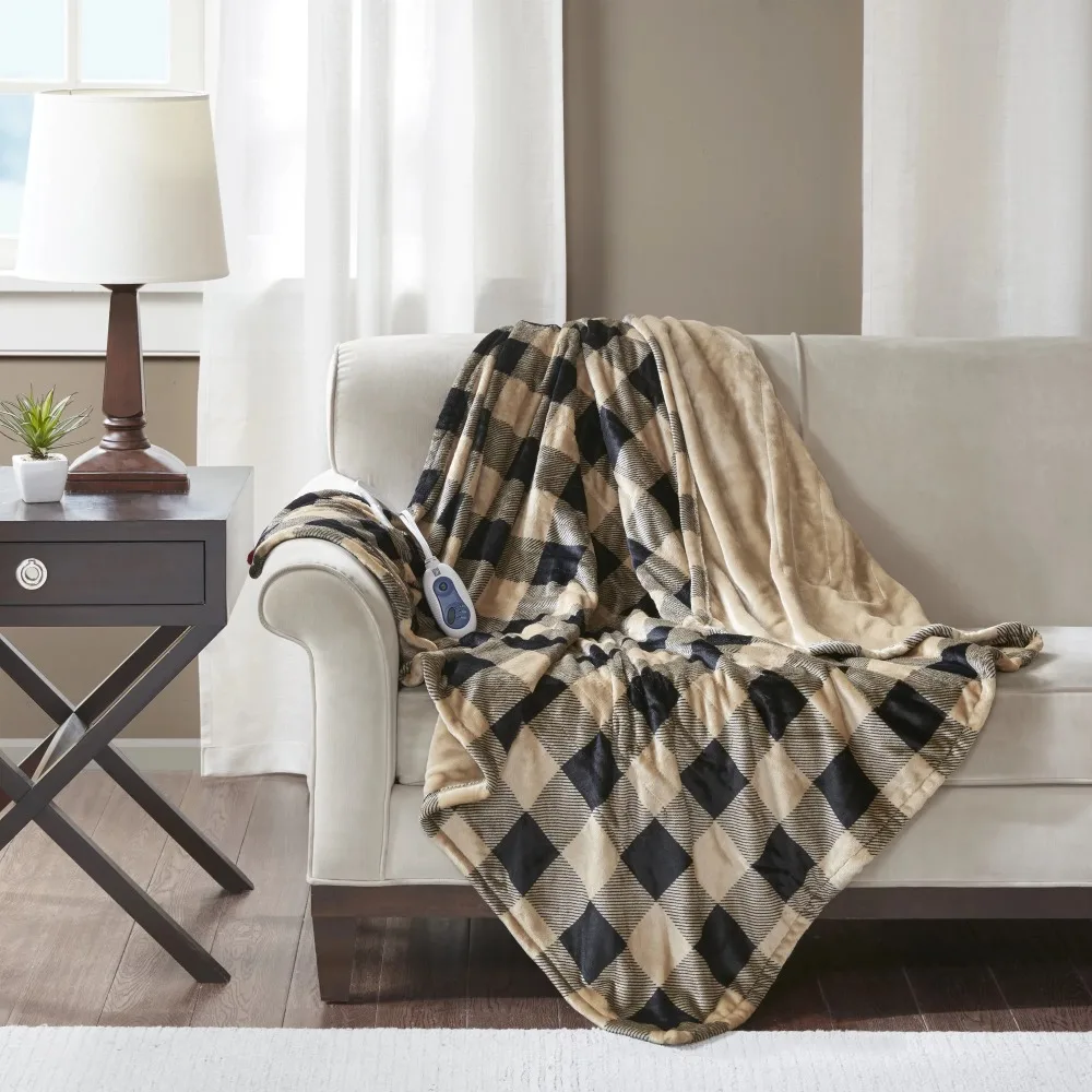 

Lucas Oversized Heated Plush Throw, 60x70", Buffalo Check Tan