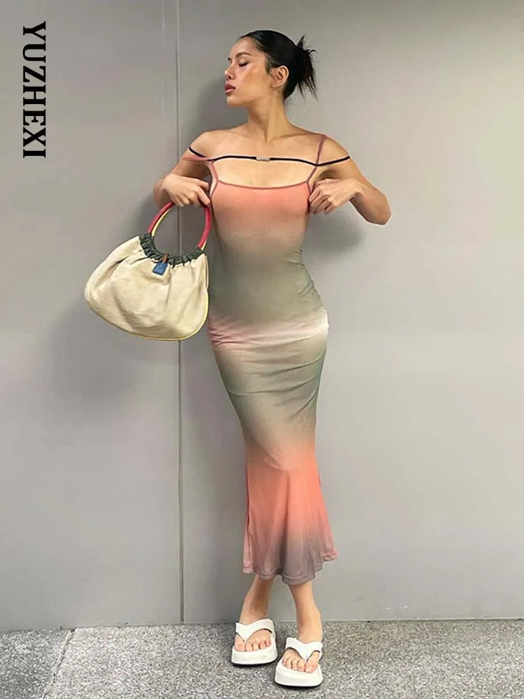 

YUZHEXI Lucky Cloud Gradient Color Spaghetti Strap Slip Dress Women Summer Spring Smooth Draped Long Robe