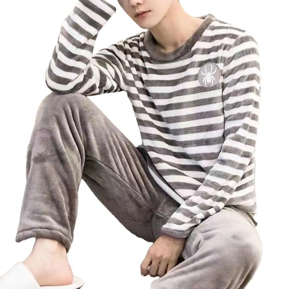 Round Neck Pajama Set Men Winter Pajama Set Striped Thick Coral Fleece Elastic Waist Homewear Fall pajamas set man pajamas set