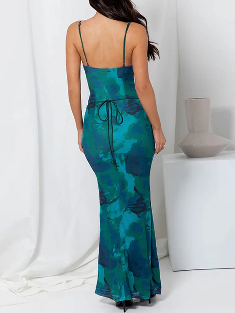 New Fashion Women's U-Neck Floral Printing Suspender Dress Sexy Summer Elegant Women's  Backless Lace-Up Bodycon Maxi Dress