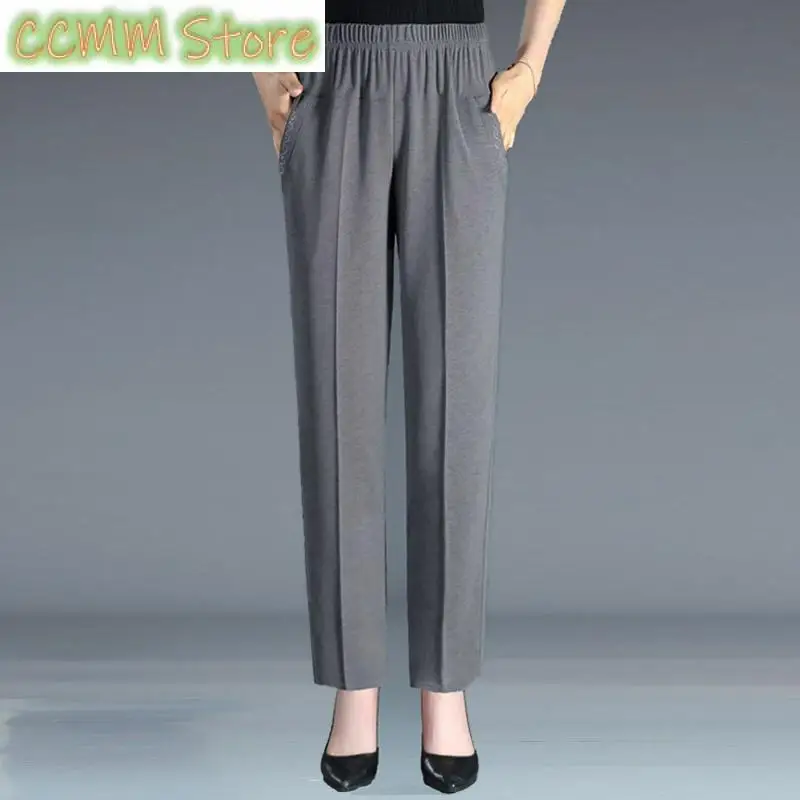 New Summer Ice Silk Mid Aged Casual Pants Women's Elastic High Waist Solid Print Pocket Korean Versatile Slim Straight Trousers