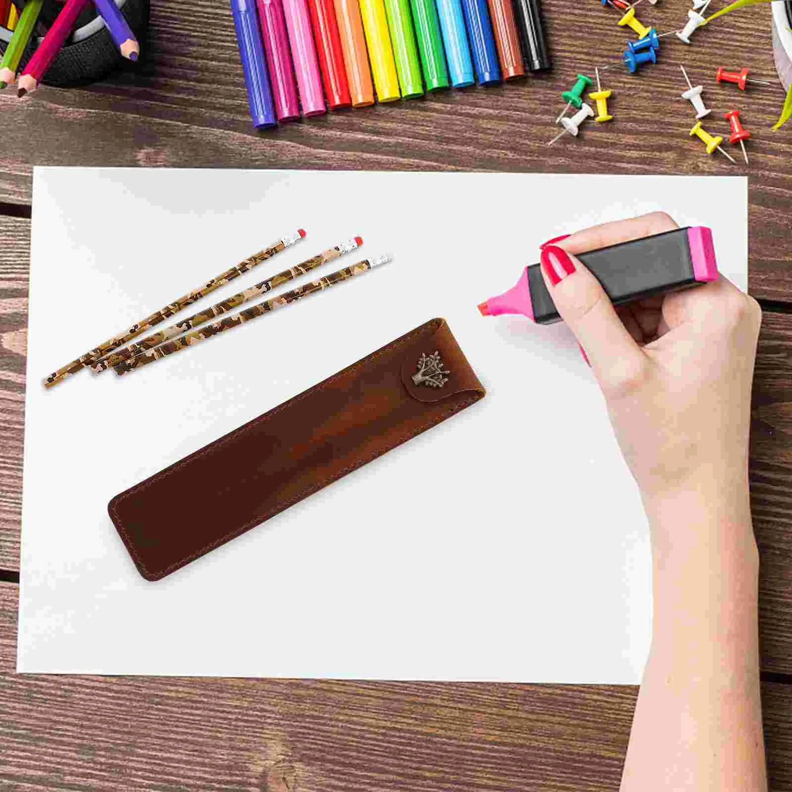 

Luxury Genuine Leather Pen Pouch Holder Single Pencil Bag Pen Case with Snap Button for Rollerball Fountain Ballpoint Pen