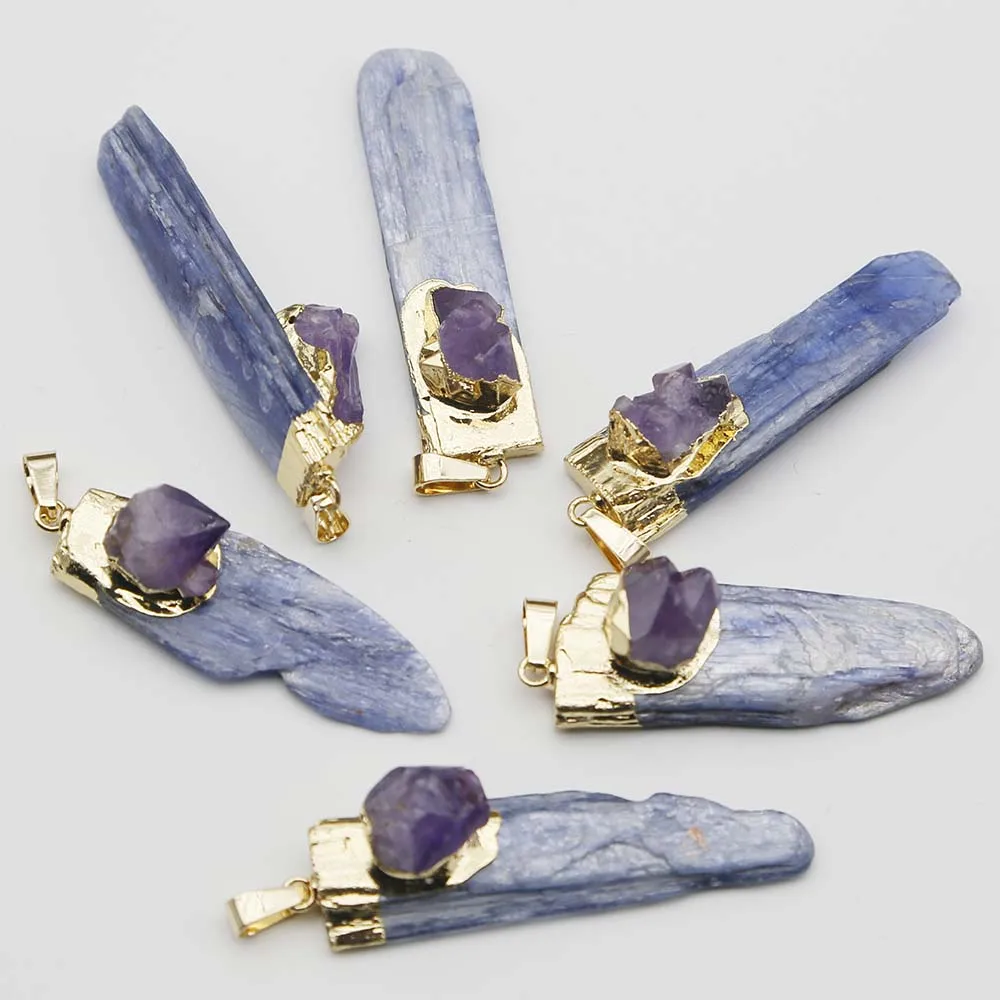 Natural Stone Blue Crystal Irregular Strip Necklace Pendants Amethyst Gold Plated Fashion Diy Jewelry Accessories Wholesale 8Pcs