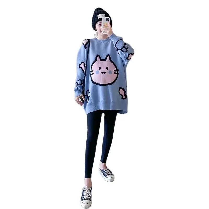 

Beige Cartoon Maternity Sweater For Autumn Fashion Pregnant Woman Knitted Pullovers Plus Size Pregnancy Knitwear Loose Jackets