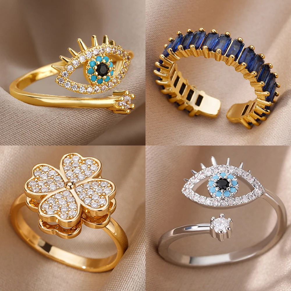Gold Color Turkish Evil Eye Ring for Women Stainless Steel Luxury Wedding Couple Jewelry