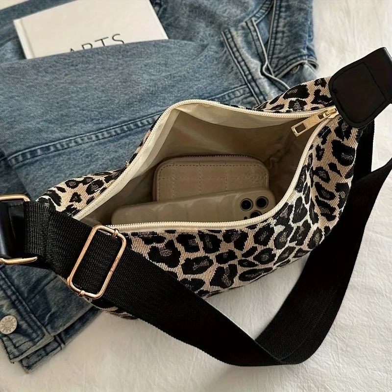 Women's Leopard Print Crossbody Bag Stylish Durable Nylon Small Purse with Comfortable Wide Strap for Shopping, Office, Travel