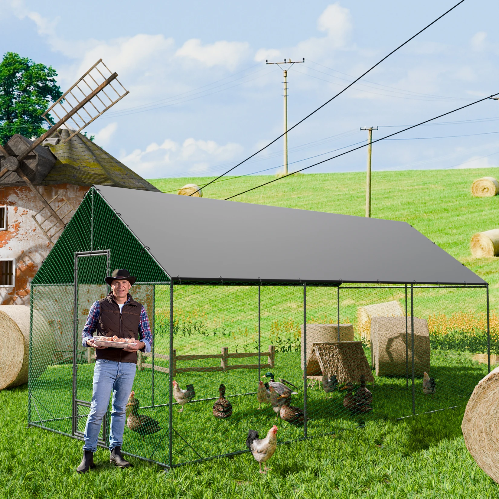 Large Outdoor Upgrade Metal Chicken Coop Walk-in Poultry Run Pen Cage Pet Duck Hen House with Nylon Netting and Cover for Yards chicken coop