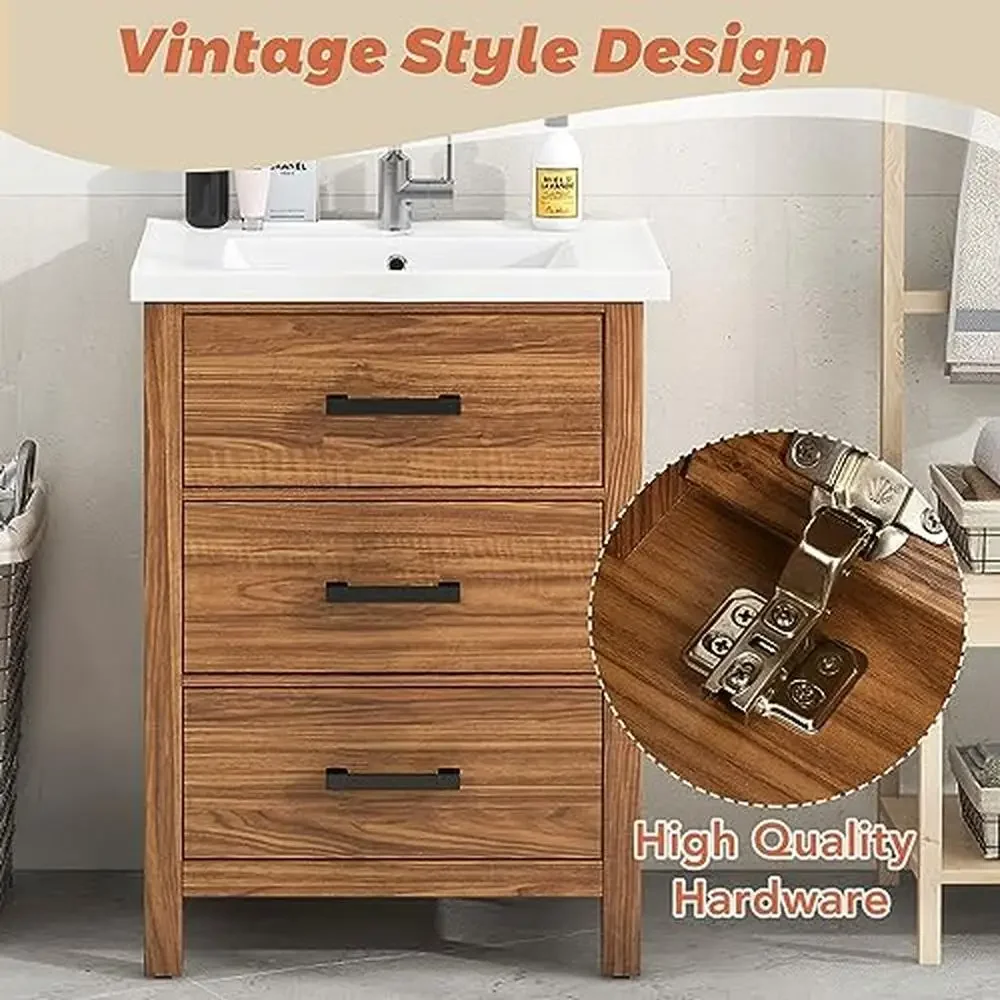 Bathroom Vanity Cabinet 24inch with Undercounter Ceramic Sink 3 Storage Drawers Easy Assembly Birch MDF Stainless Steel Handles