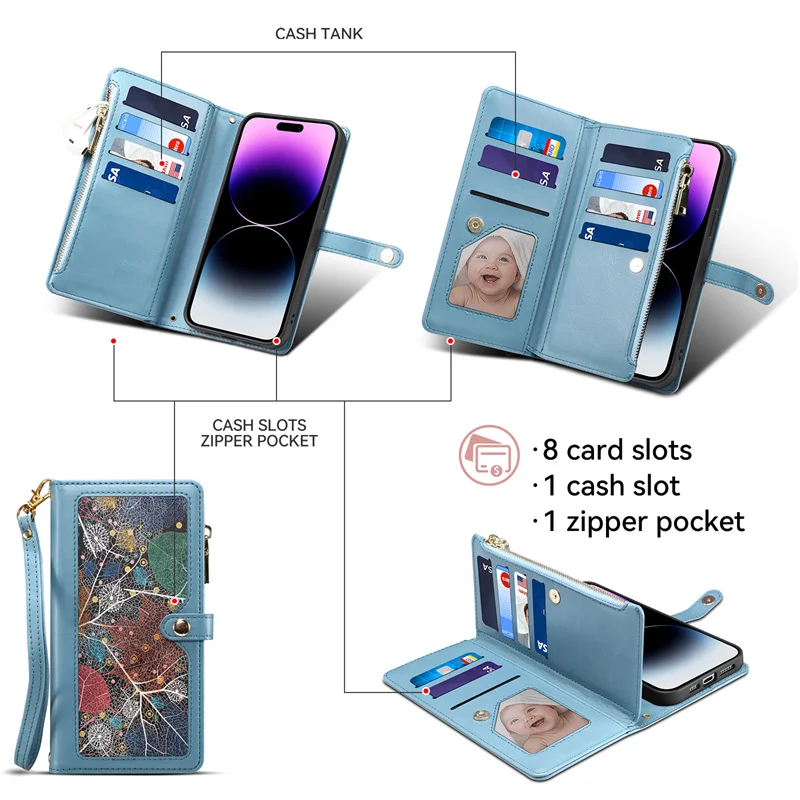 Luxurious Crossbody Zipper Leather Flip Case with RFID Protection Wallet Cover