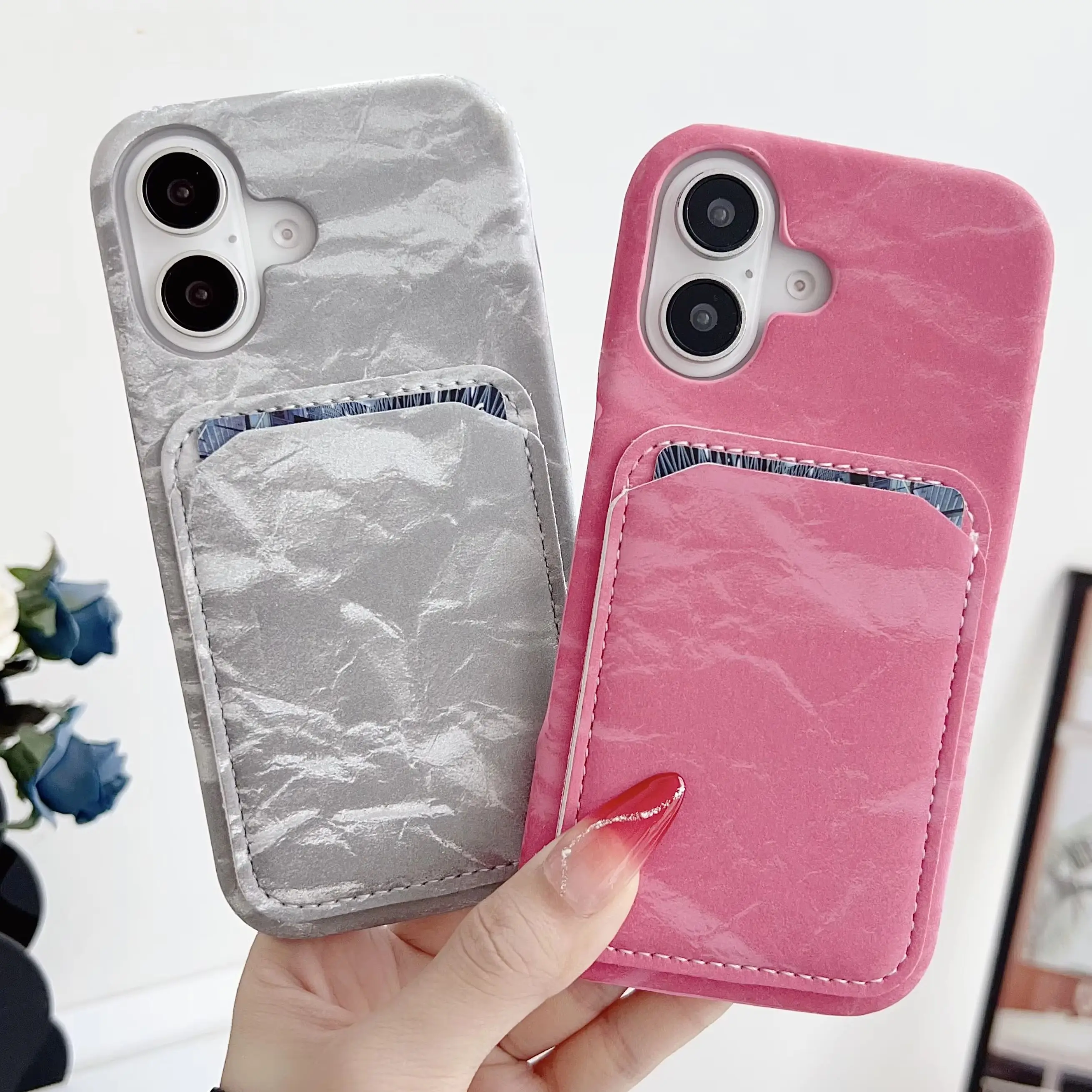 Luxurious Korean Satin Silk Texture Card Holder Wallet Phone Case - Smooth Shockproof Hard Back Cover
