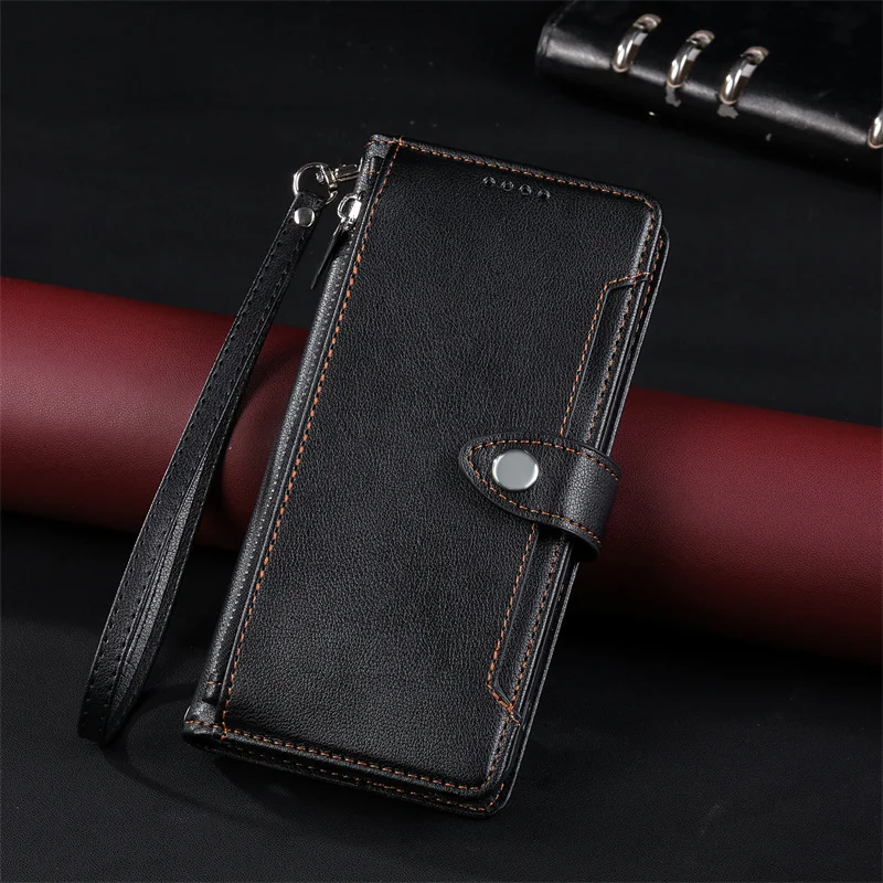 Solid Color Wallet Case with Long Strap and Zipper Leather Bag